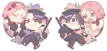 ACRYLIC KEYCHAIN (2024): Naruto/ Boruto double sided acrylic keychain featuring the characters Sasuke and Sakura I made for the zine @sasusakuzines on X.